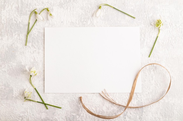 Foto weißbuch-blattmodell mit frühlingsschneeglöckchen-galanthusblumen auf draufsicht-kopienraum des grauen konkreten hintergrundes