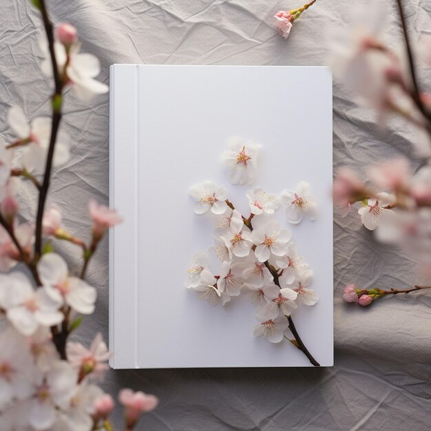 Weißbuchvorlage mit frischen Kirschblüten und Papier