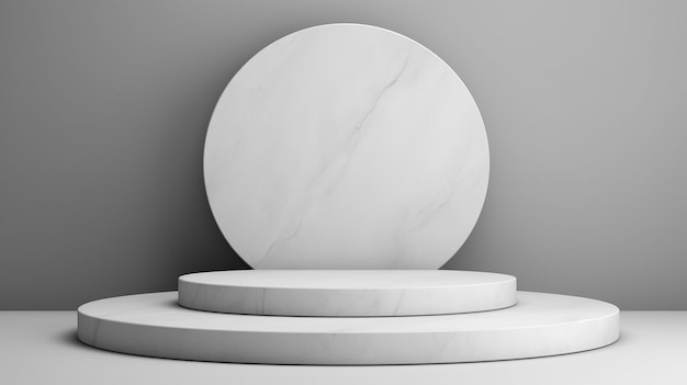 Weiße 3D-Bühne mit Produktständer und runder grauer Vitrine als leere Modellszene an grauer Wand