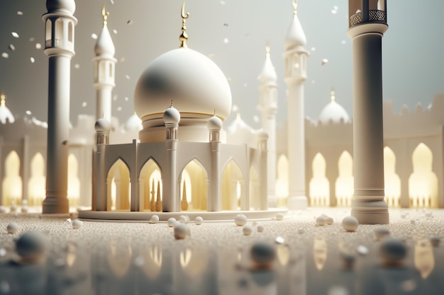 Weiße 3D-Wand mit goldenen Ornamenten und einer Moschee mit arabischen Ornamenten. Generative KI