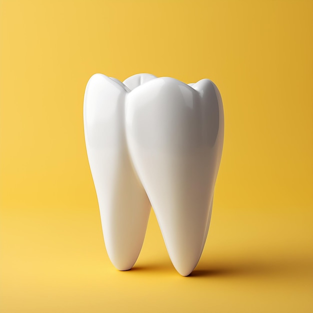 Weiße 3D-Zahnwurzel auf gelbem Hintergrund 3D-Darstellung einer Zirkoniumkronenillustration mit Kopierraum