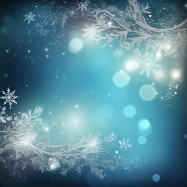 Weiße abstrakte Winterzweige, Schneeflocken und verschwommenes Bokeh-Licht auf blautürkisem Hintergrund Vorlage für Weihnachts- und Neujahrsfeiertage Weihnachts-Winter-Attrappe Kopierraum Quadratisches Format Generierte KI
