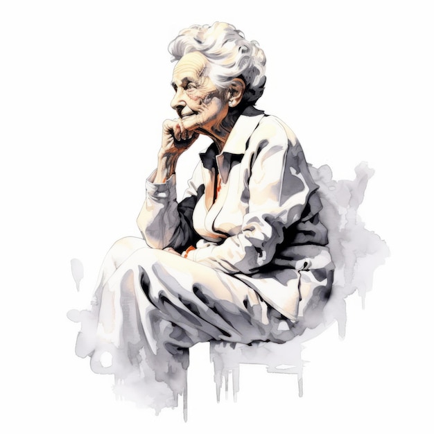 Foto weiße alte frau im denken und zweifeln aquarell-illustration weibliche figur mit träumigem gesicht auf abstraktem hintergrund ai erzeugt aquarellposter