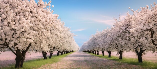 Weiße Apfelbäume und Blumen in einem Feldreise-Thema