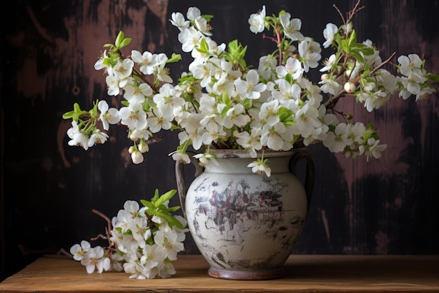 Weiße Apfelblüten in einer rustikalen Vase