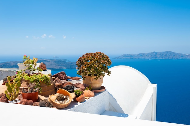 Weiße Architektur auf der Insel Santorini, Griechenland. Blumen auf der Terrasse mit Meerblick