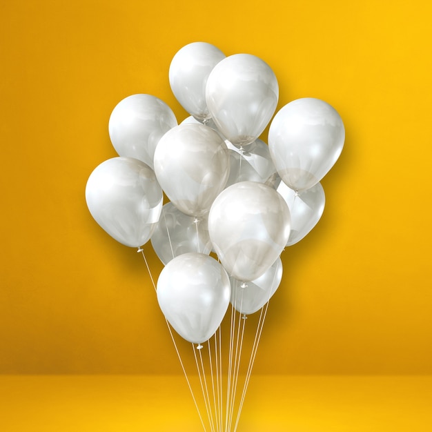 Weiße Ballone bündeln auf einem gelben Wandhintergrund. 3D-Darstellung rendern