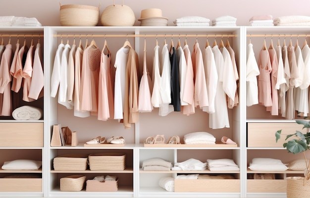 weiße beige und rosa Kleidung liegen auf Regalen und hängen an Holzhängern in einem großen weißen Holzschrank