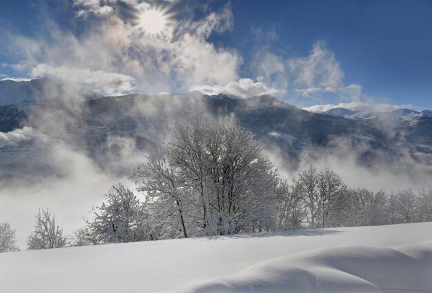 Weiße Berglandschaft mit Schnee bedeckt vor bewölktem Himmel, der von der Sonne beleuchtet wird