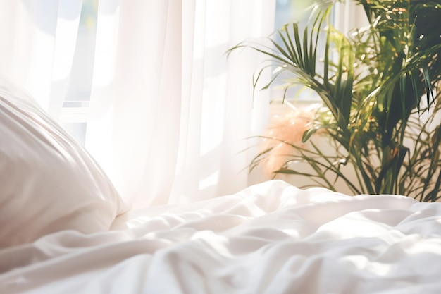 Foto weiße bettwäsche gemütliches schlafzimmer mit fenster mit vorhängen ist mit sonnigem morgenlicht überflutet