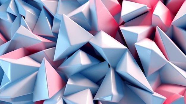 Weiße, blaue und rosa abstrakte Oberfläche mit Tetraedern. Generative KI