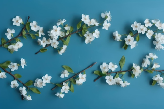 Weiße Blütenzweige des Frühlings als Grenze auf blauem generativem ai