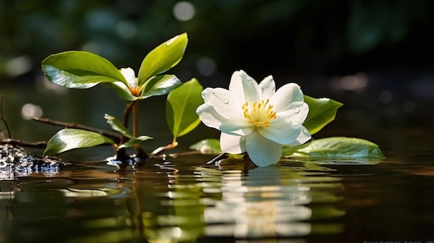 Weiße Blume ist im Wasser mit einem grünen Blatt