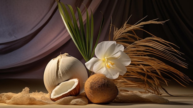 Weiße Blume und zwei Kokosnüsse auf dem Tisch