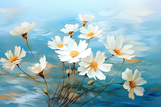 Weiße Blumen auf blauem Hintergrund Illustration AI GenerativexA