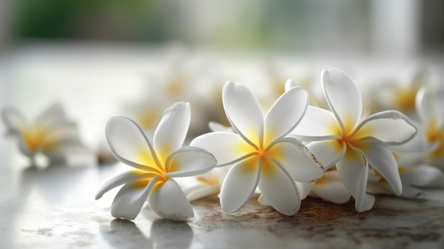 Weiße Blumen auf einem Tisch mit dem Wort Frangipani darauf