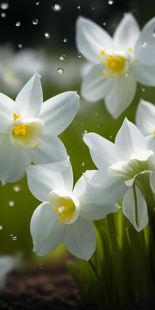 Weiße Blumen im Regen