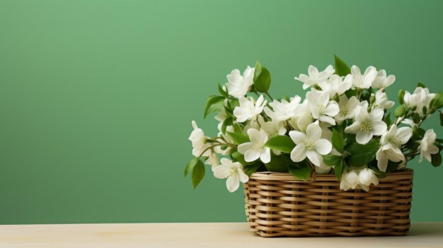 Weiße Blumen in einem Gitterkorb auf einem grünen Hintergrund
