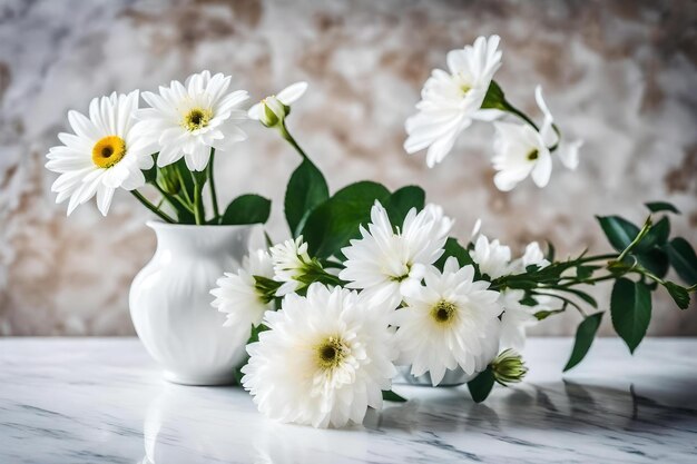 Weiße Blumen in einer weißen Vase mit einer gelben Blume in der Mitte.