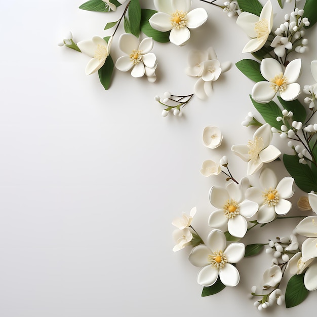 Weiße Blumen und Blättermuster auf weißem Hintergrund