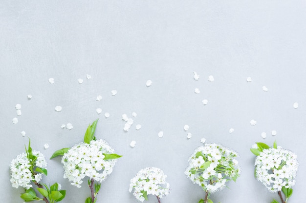 Weiße Blumenkorsagen mit grünen Blättern auf grauem Tisch