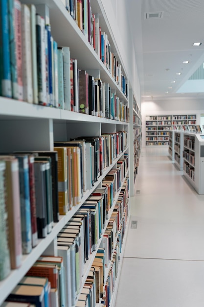 Weiße Bücherregalen in der Bibliothek, auf denen viele Bücher stehen