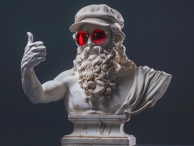 Foto weiße büste statue mit roter sonnenbrille mit baseballmütze mit zeigefinger auf der seite farbenfrohe ba