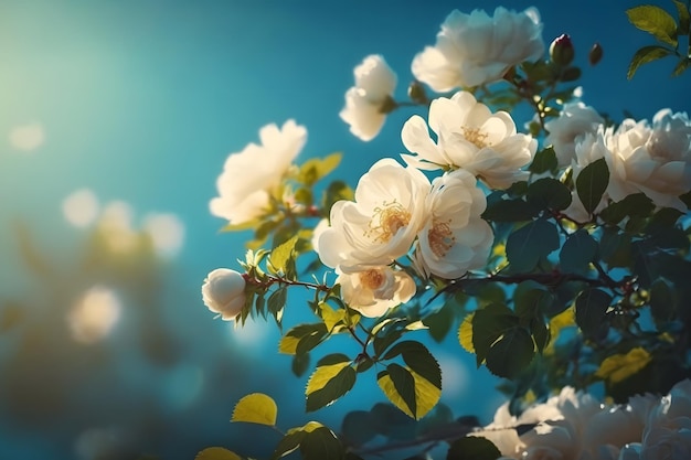 Weiße Buschrosen auf blauem Himmel im Sonnenlicht. Schöne Frühlings- oder Sommerblumenrückseite