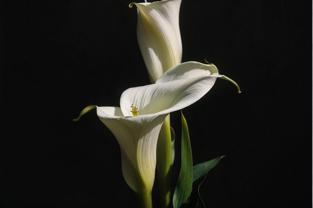 Weiße Calla-Blüten auf schwarzem Hintergrund in der Nähe