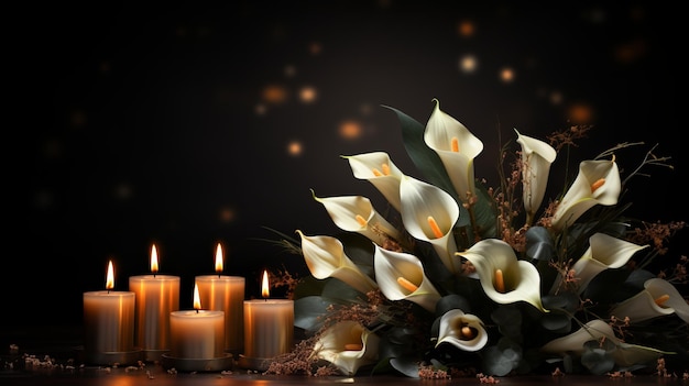 Weiße Calla-Lilien und Kerzen auf schwarzem Hintergrund