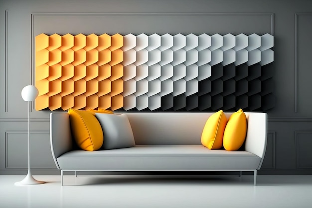 Weiße Couch vor der Wand mit gelben Kissen Generative KI