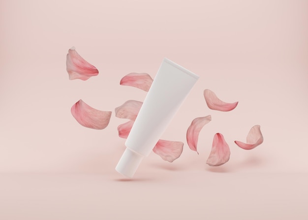 Weiße cremefarbene Tube ohne Markenzeichen auf rosa Hintergrund. Gel mit Blütenblättern, die in der Luft fliegen. Präsentation von Hautpflegeprodukten. Minimalistisches Modell. Freiraum für Ihr Grafikdesign. 3D-Rendering.