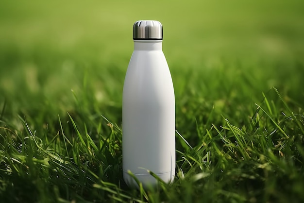 Weiße Edelstahl-Thermoflasche sitzt im Gras