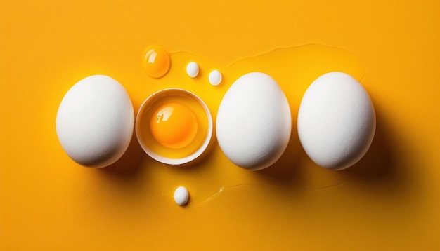 Weiße Eier und zerbrochenes Ei mit Eigelb auf gelbem Hintergrund die Draufsicht des gelben Hintergrunds Generative