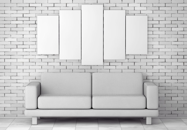 Weiße einfache moderne Sofa-Möbel unter leerem weißem Plakat vor Backsteinmauer. 3D-Rendering