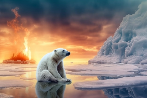 Weiße Eisbären sitzen auf einer schmelzenden Eisscholle am arktischen Meer, die der globalen Erwärmung zugewandt ist