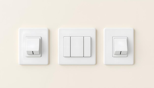 Weiße elektrische Schalter an zeitgenössischen beigefarbenen Wänden, die mit weißen Highlights isoliert sind