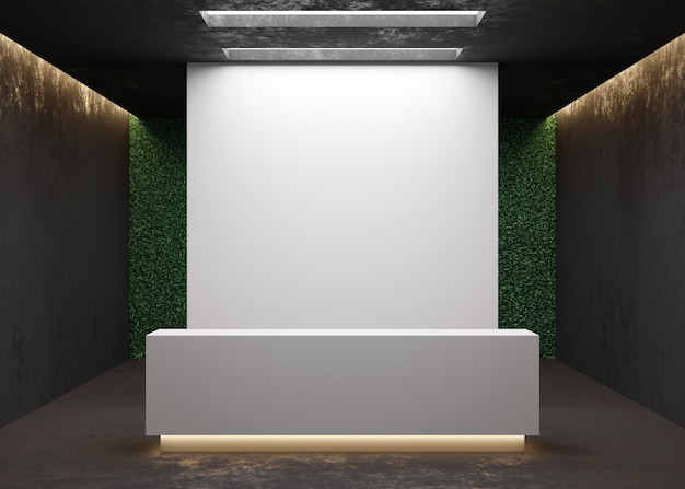 Weiße Empfangstheke in modernem Zimmer mit dunklen Wänden Leerer Registrierungsschalter im Hotel-Spa oder Büro Empfangsmodell mit Kopierfläche für das Branding-Logo 3D-Rendering im modernen Stil