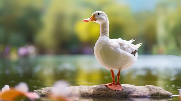 Weiße Ente steht neben einem Teich oder See mit Bokeh-Hintergrund. Generative KI