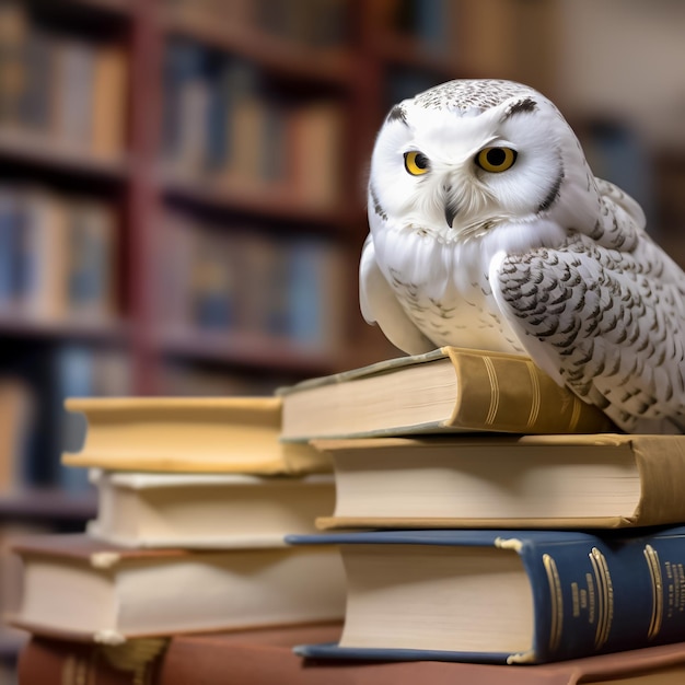 Weiße Eule sitzt auf einem Stapel Bücher in einer Bibliothek