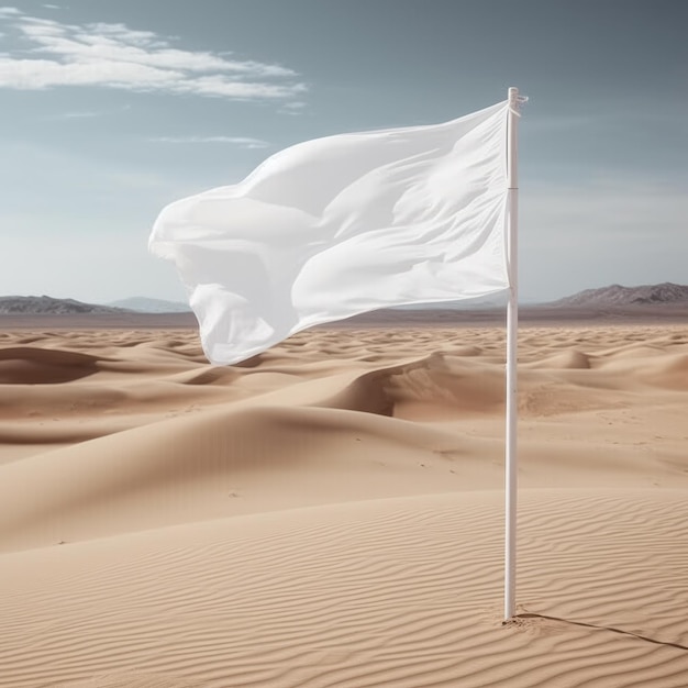 Weiße Fahne, die im Wind auf dem Fahnenmast gegen den Wüstenhintergrund schwingt