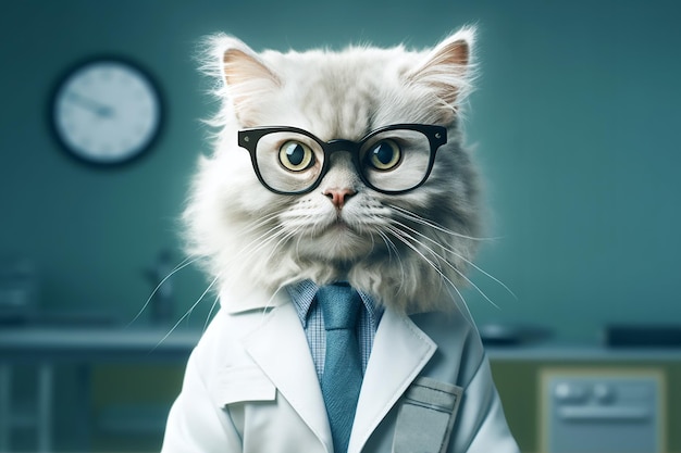 Weiße flauschige Katze in Brille und Medizinkleidung Katze als Doktor Zeichentrickfigur