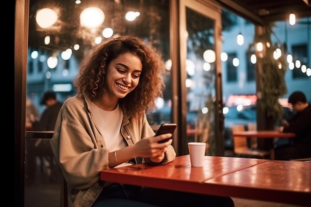 Weiße Frau benutzt das Telefon Tippen auf dem Smartphone Touchscreen Texten Geschäftsfrau weibliche Studentin glücklich lächelnd Online-Shopping E-Commerce mobile App