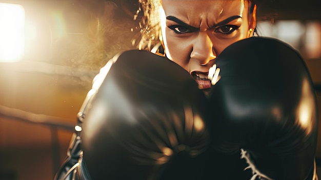 Weiße Frau im Boxstudio Selbstverteidigungskonzept schweres Training Gesicht Nahaufnahme