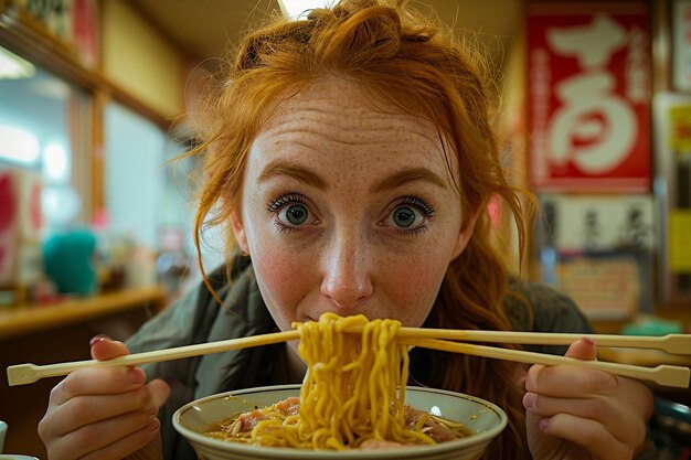 Foto weiße frau isst chow mein