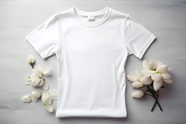 Weiße Frauen T-Shirt Mockup mit Frühlingsblumen auf konkretem Hintergrund Design T-Shirt Vorlage Druckpräsentation Mock-up Draufsicht flach gelegt AI generiert