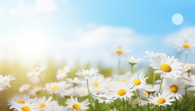 Weiße Gänseblümchen auf dem blauen Himmel Hintergrund Sommerlandschaft