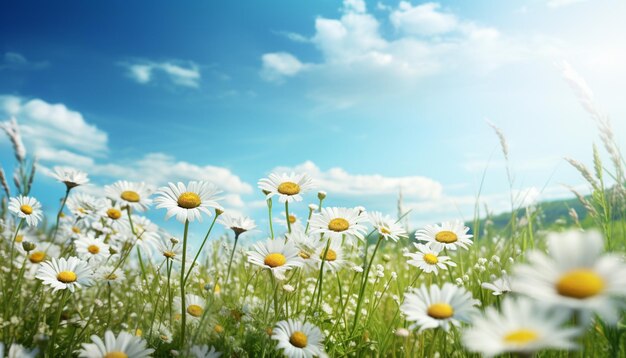 Weiße Gänseblümchen auf dem blauen Himmel Hintergrund Sommerlandschaft