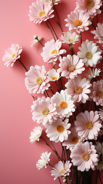 Weiße Gänseblümchen liegen neben einem rosa Hintergrund