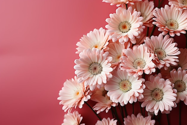 Weiße Gänseblümchen liegen neben einem rosa Hintergrund